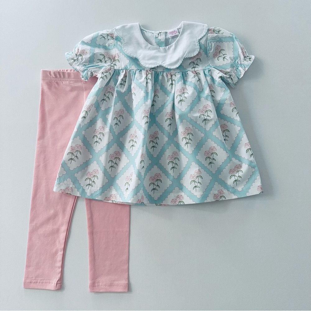 Stitchy Fish 2T Toddler Girl Blue Floral Top & Pink Leggings Set Outfit